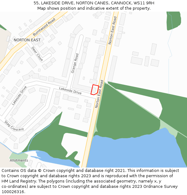55, LAKESIDE DRIVE, NORTON CANES, CANNOCK, WS11 9RH: Location map and indicative extent of plot