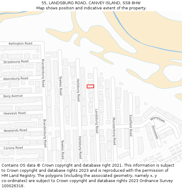 55, LANDSBURG ROAD, CANVEY ISLAND, SS8 8HW: Location map and indicative extent of plot