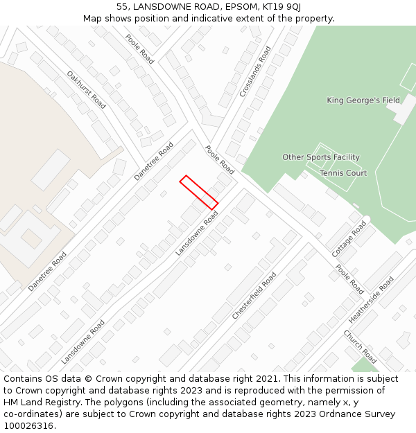 55, LANSDOWNE ROAD, EPSOM, KT19 9QJ: Location map and indicative extent of plot