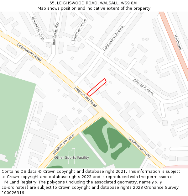 55, LEIGHSWOOD ROAD, WALSALL, WS9 8AH: Location map and indicative extent of plot