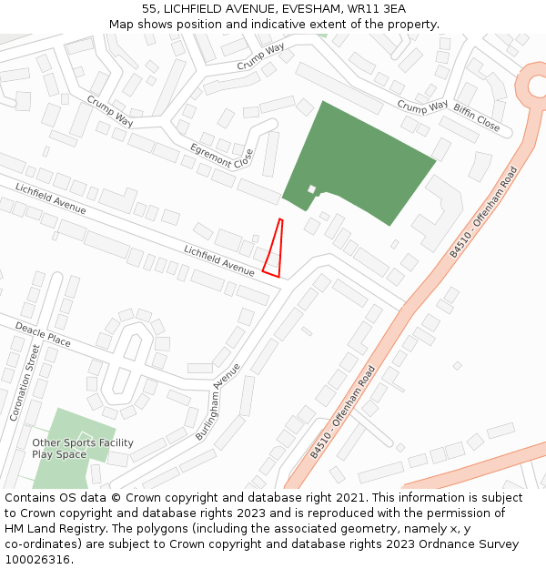55, LICHFIELD AVENUE, EVESHAM, WR11 3EA: Location map and indicative extent of plot