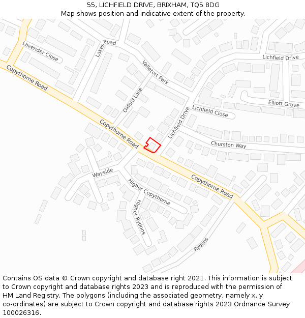 55, LICHFIELD DRIVE, BRIXHAM, TQ5 8DG: Location map and indicative extent of plot