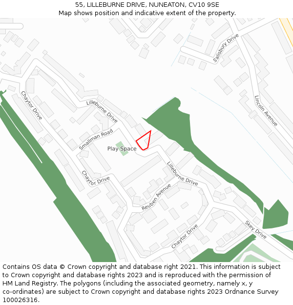 55, LILLEBURNE DRIVE, NUNEATON, CV10 9SE: Location map and indicative extent of plot