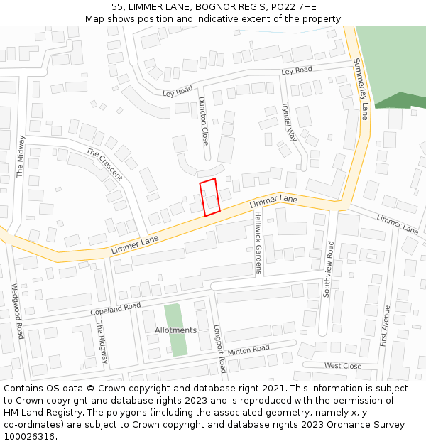 55, LIMMER LANE, BOGNOR REGIS, PO22 7HE: Location map and indicative extent of plot