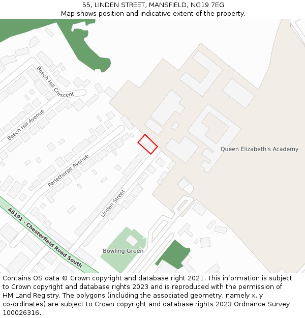 55, LINDEN STREET, MANSFIELD, NG19 7EG: Location map and indicative extent of plot