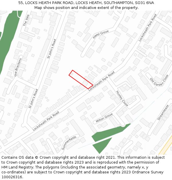 55, LOCKS HEATH PARK ROAD, LOCKS HEATH, SOUTHAMPTON, SO31 6NA: Location map and indicative extent of plot