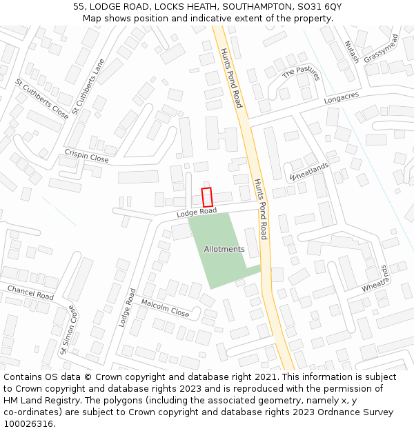 55, LODGE ROAD, LOCKS HEATH, SOUTHAMPTON, SO31 6QY: Location map and indicative extent of plot