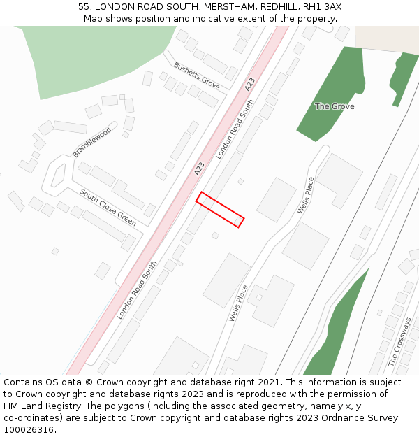 55, LONDON ROAD SOUTH, MERSTHAM, REDHILL, RH1 3AX: Location map and indicative extent of plot