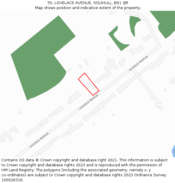 55, LOVELACE AVENUE, SOLIHULL, B91 3JR: Location map and indicative extent of plot