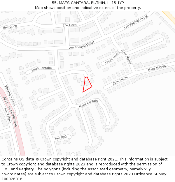 55, MAES CANTABA, RUTHIN, LL15 1YP: Location map and indicative extent of plot