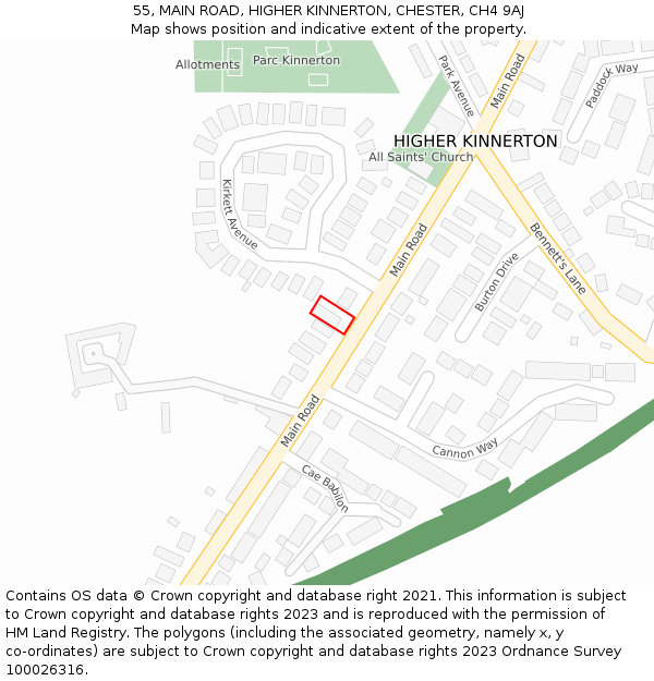 55, MAIN ROAD, HIGHER KINNERTON, CHESTER, CH4 9AJ: Location map and indicative extent of plot