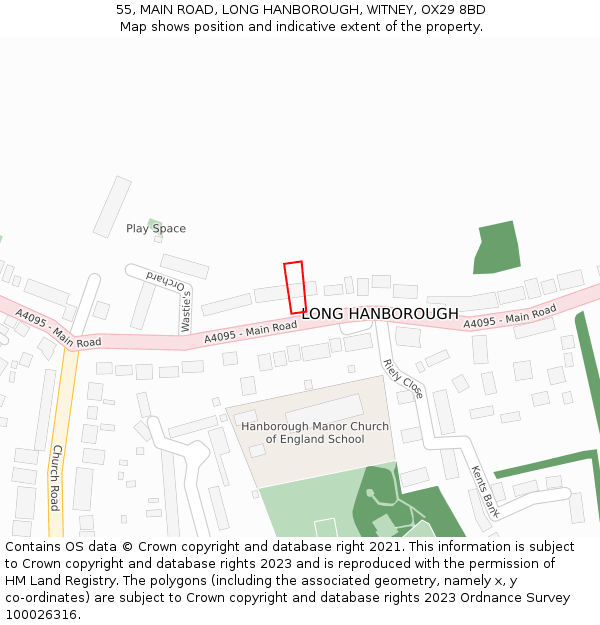 55, MAIN ROAD, LONG HANBOROUGH, WITNEY, OX29 8BD: Location map and indicative extent of plot