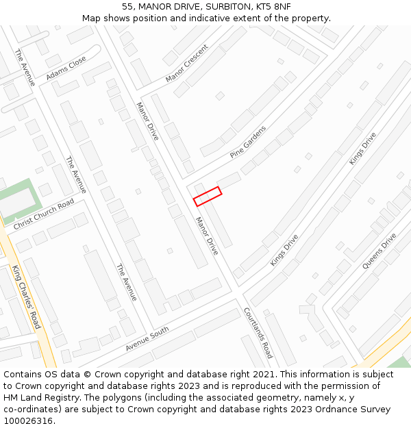 55, MANOR DRIVE, SURBITON, KT5 8NF: Location map and indicative extent of plot