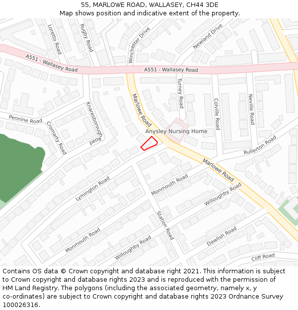 55, MARLOWE ROAD, WALLASEY, CH44 3DE: Location map and indicative extent of plot