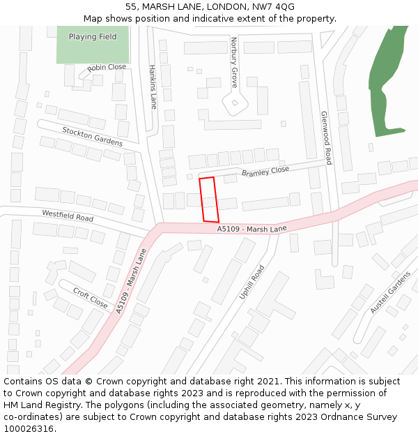55, MARSH LANE, LONDON, NW7 4QG: Location map and indicative extent of plot