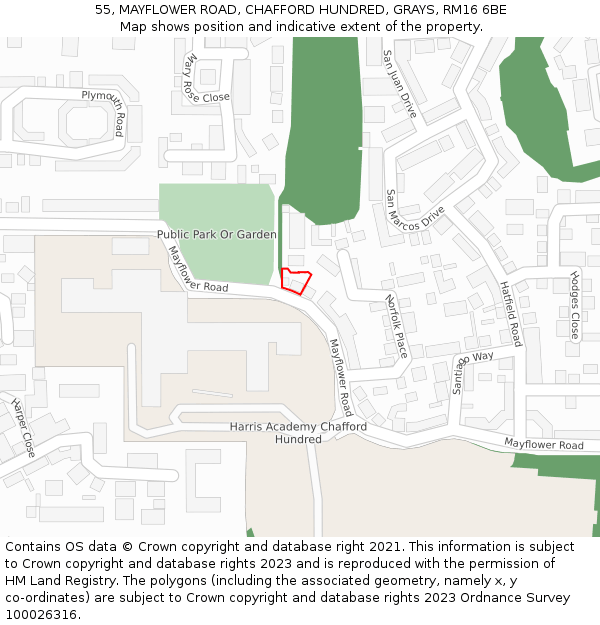 55, MAYFLOWER ROAD, CHAFFORD HUNDRED, GRAYS, RM16 6BE: Location map and indicative extent of plot