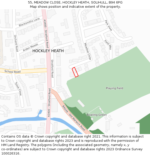 55, MEADOW CLOSE, HOCKLEY HEATH, SOLIHULL, B94 6PG: Location map and indicative extent of plot