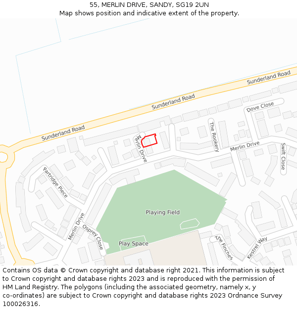 55, MERLIN DRIVE, SANDY, SG19 2UN: Location map and indicative extent of plot