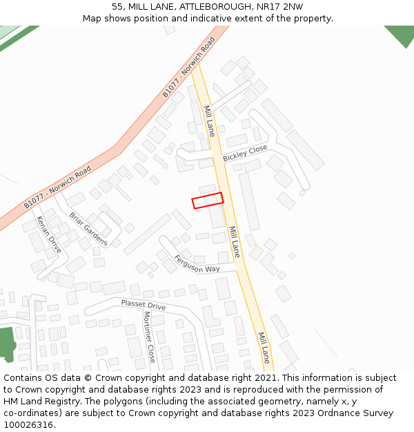55, MILL LANE, ATTLEBOROUGH, NR17 2NW: Location map and indicative extent of plot