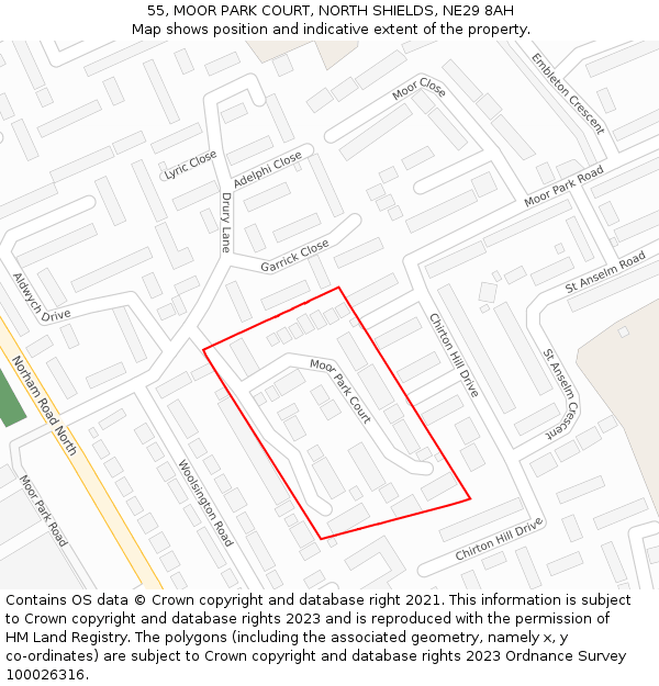 55, MOOR PARK COURT, NORTH SHIELDS, NE29 8AH: Location map and indicative extent of plot