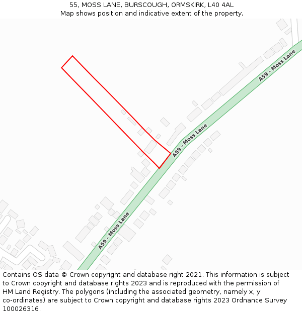 55, MOSS LANE, BURSCOUGH, ORMSKIRK, L40 4AL: Location map and indicative extent of plot