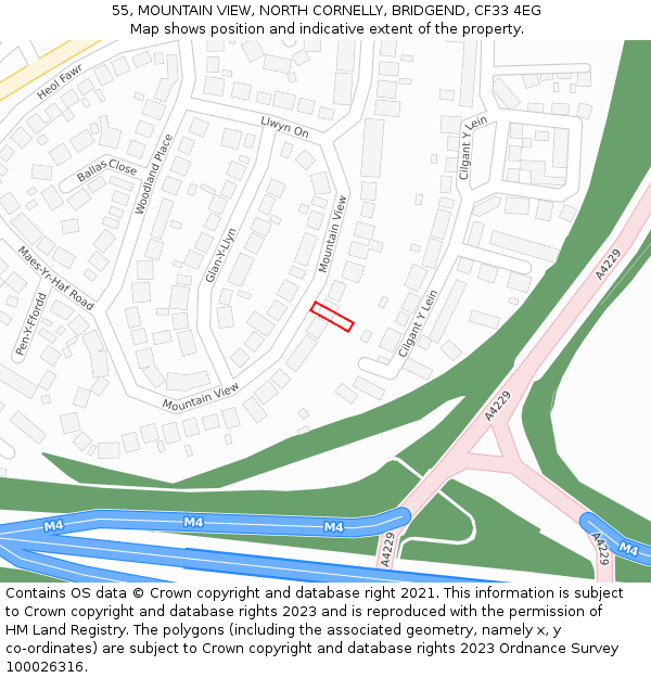 55, MOUNTAIN VIEW, NORTH CORNELLY, BRIDGEND, CF33 4EG: Location map and indicative extent of plot