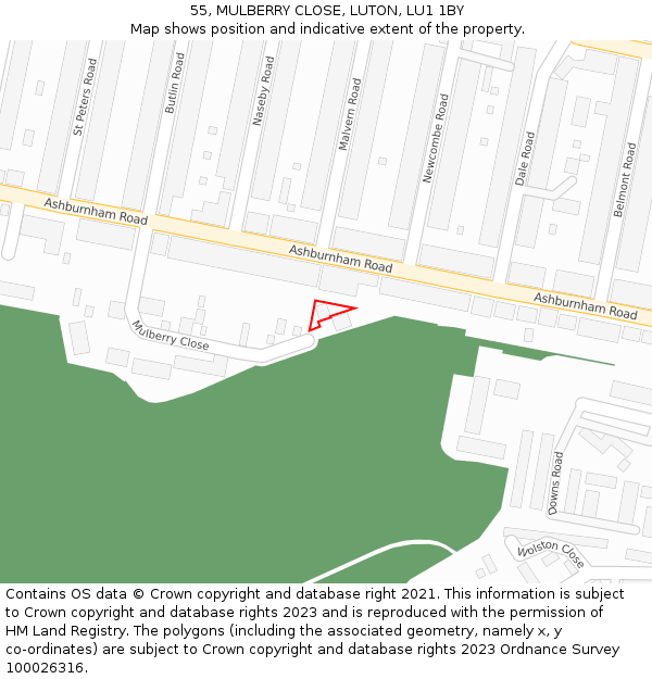 55, MULBERRY CLOSE, LUTON, LU1 1BY: Location map and indicative extent of plot
