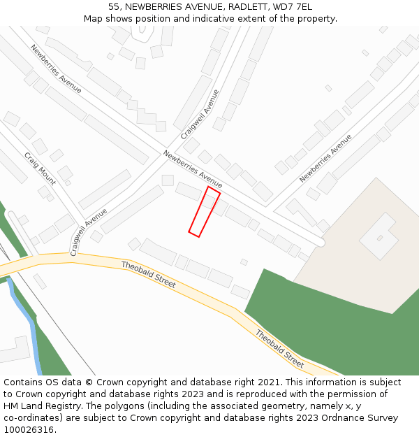 55, NEWBERRIES AVENUE, RADLETT, WD7 7EL: Location map and indicative extent of plot