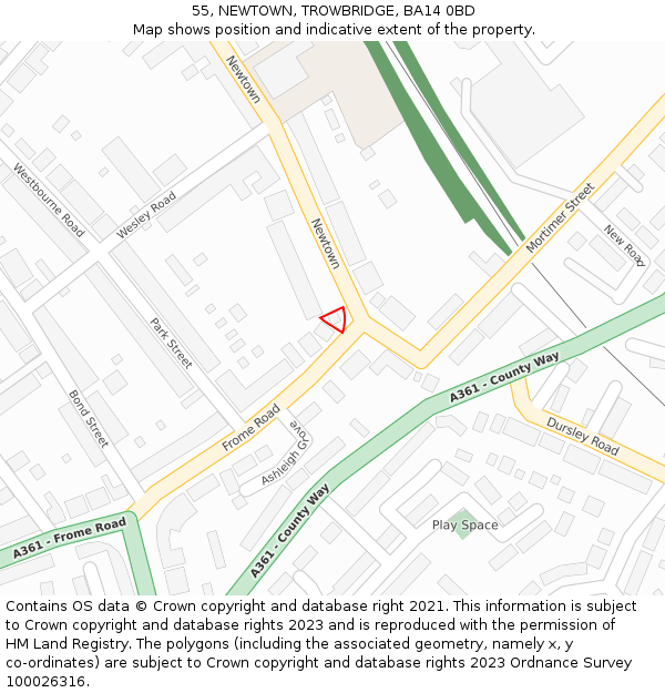 55, NEWTOWN, TROWBRIDGE, BA14 0BD: Location map and indicative extent of plot