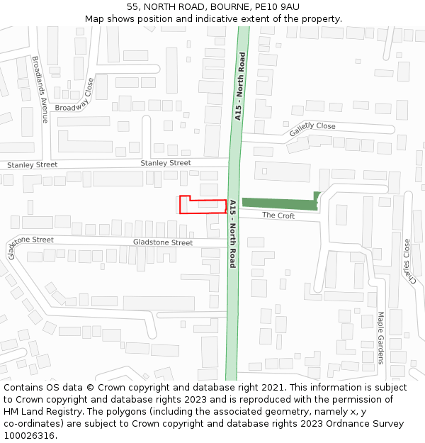 55, NORTH ROAD, BOURNE, PE10 9AU: Location map and indicative extent of plot