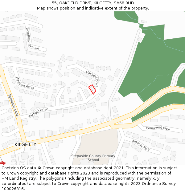 55, OAKFIELD DRIVE, KILGETTY, SA68 0UD: Location map and indicative extent of plot