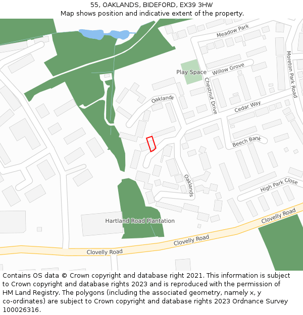 55, OAKLANDS, BIDEFORD, EX39 3HW: Location map and indicative extent of plot