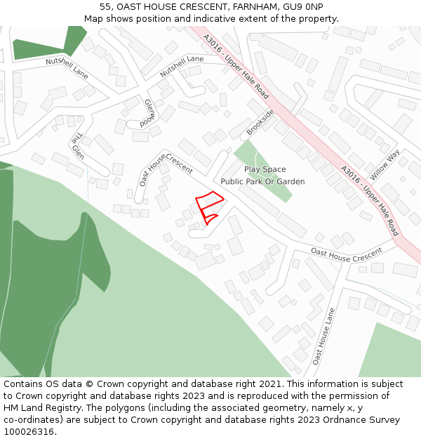 55, OAST HOUSE CRESCENT, FARNHAM, GU9 0NP: Location map and indicative extent of plot