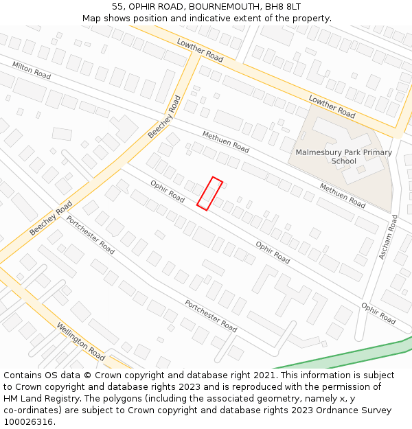 55, OPHIR ROAD, BOURNEMOUTH, BH8 8LT: Location map and indicative extent of plot