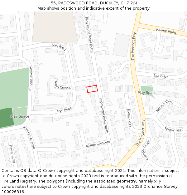 55, PADESWOOD ROAD, BUCKLEY, CH7 2JN: Location map and indicative extent of plot
