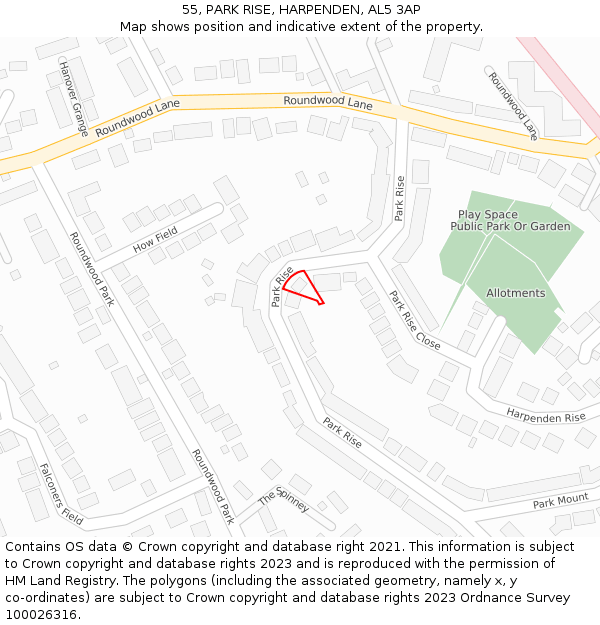 55, PARK RISE, HARPENDEN, AL5 3AP: Location map and indicative extent of plot