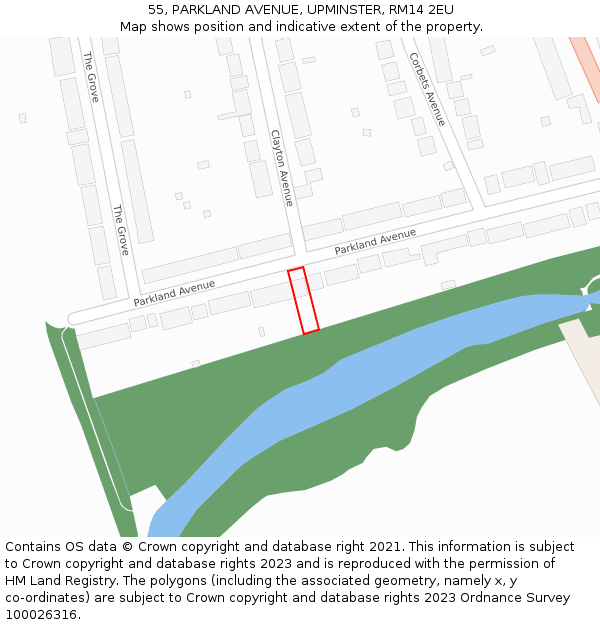55, PARKLAND AVENUE, UPMINSTER, RM14 2EU: Location map and indicative extent of plot