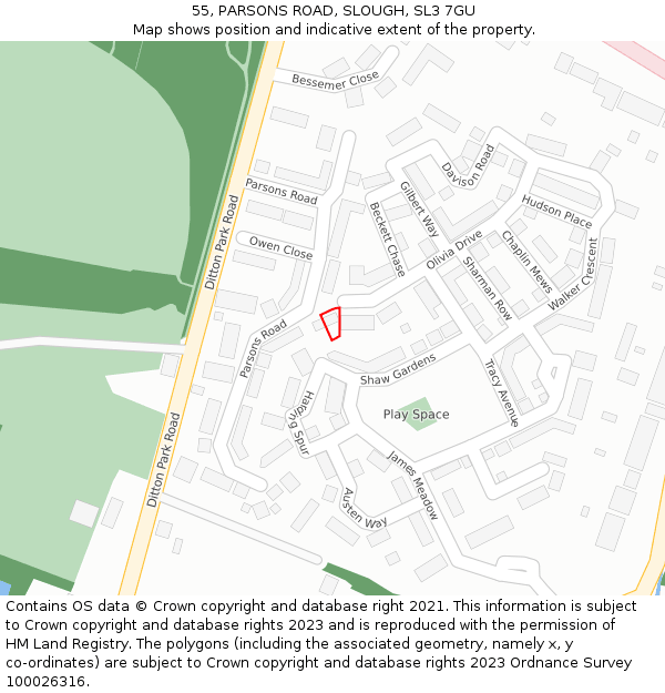 55, PARSONS ROAD, SLOUGH, SL3 7GU: Location map and indicative extent of plot