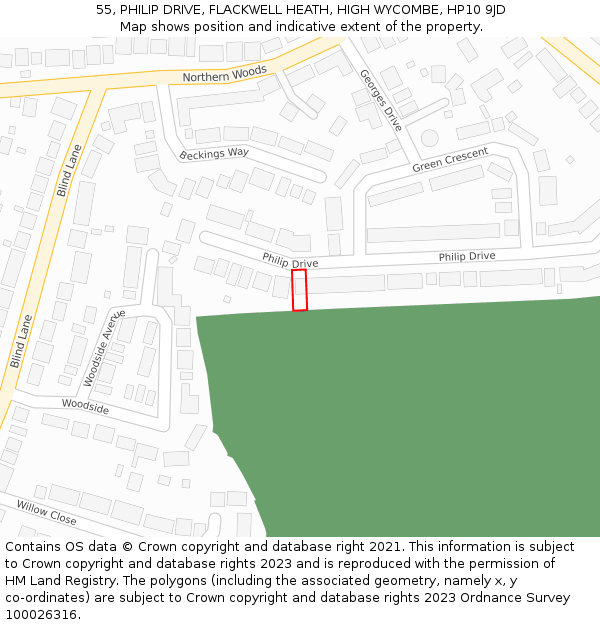 55, PHILIP DRIVE, FLACKWELL HEATH, HIGH WYCOMBE, HP10 9JD: Location map and indicative extent of plot