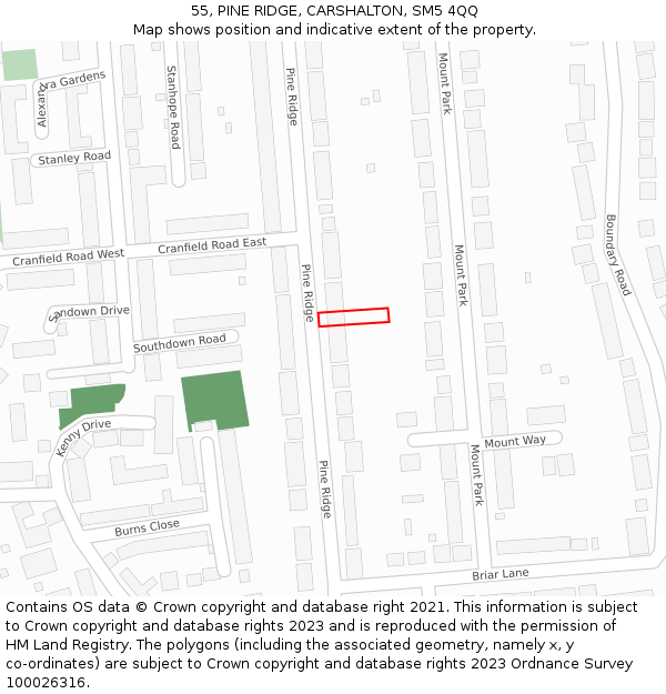 55, PINE RIDGE, CARSHALTON, SM5 4QQ: Location map and indicative extent of plot
