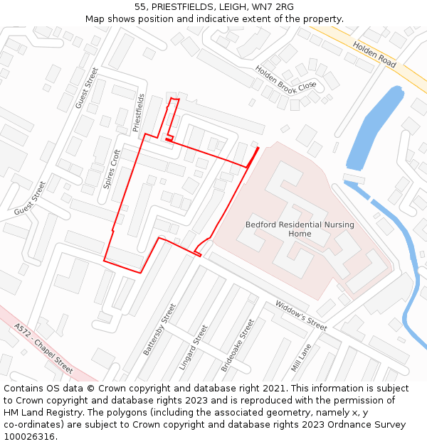 55, PRIESTFIELDS, LEIGH, WN7 2RG: Location map and indicative extent of plot