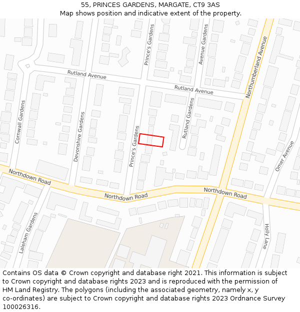 55, PRINCES GARDENS, MARGATE, CT9 3AS: Location map and indicative extent of plot