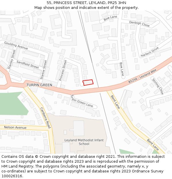 55, PRINCESS STREET, LEYLAND, PR25 3HN: Location map and indicative extent of plot