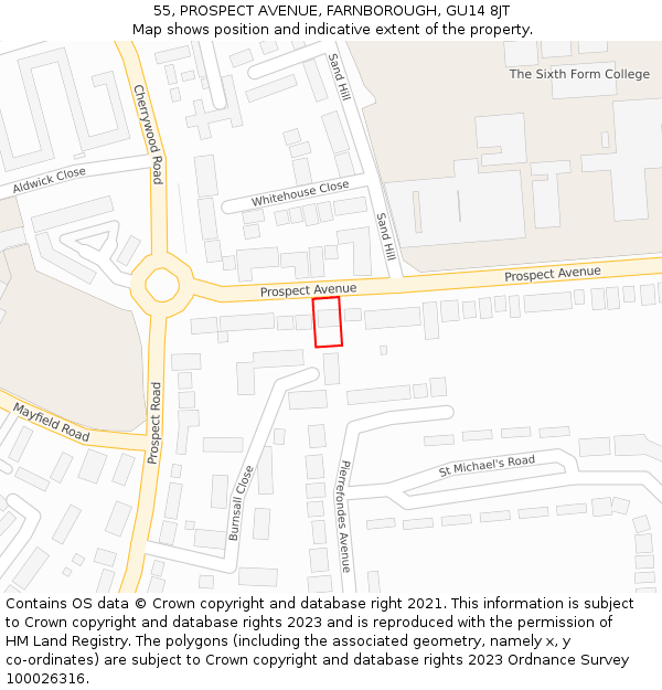 55, PROSPECT AVENUE, FARNBOROUGH, GU14 8JT: Location map and indicative extent of plot