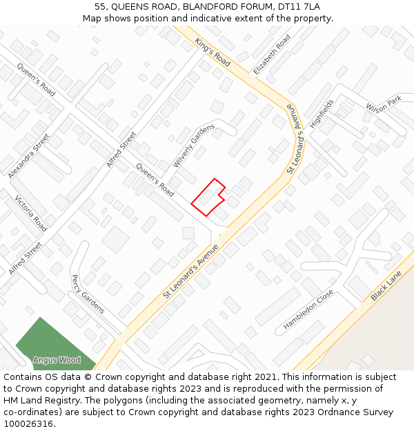 55, QUEENS ROAD, BLANDFORD FORUM, DT11 7LA: Location map and indicative extent of plot