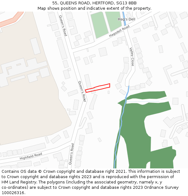 55, QUEENS ROAD, HERTFORD, SG13 8BB: Location map and indicative extent of plot