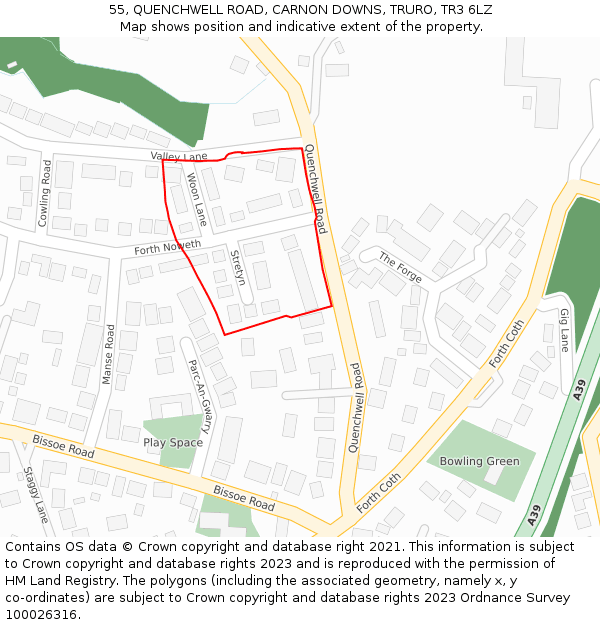 55, QUENCHWELL ROAD, CARNON DOWNS, TRURO, TR3 6LZ: Location map and indicative extent of plot