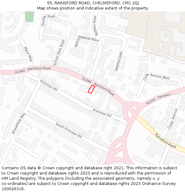 55, RAINSFORD ROAD, CHELMSFORD, CM1 2QJ: Location map and indicative extent of plot