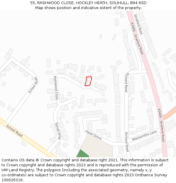 55, RASHWOOD CLOSE, HOCKLEY HEATH, SOLIHULL, B94 6SD: Location map and indicative extent of plot