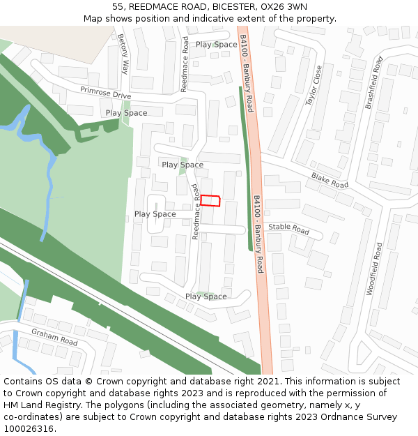 55, REEDMACE ROAD, BICESTER, OX26 3WN: Location map and indicative extent of plot